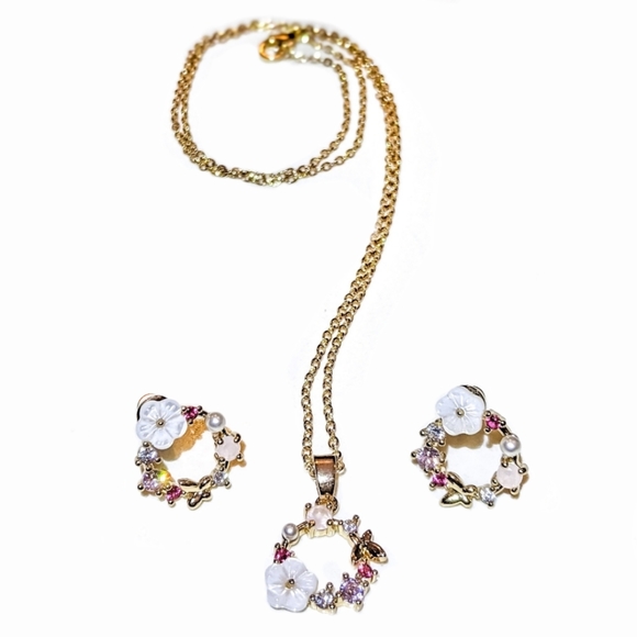 14k Gold - 925 Sterling Silver Necklace & Earrings Rose Quartz Pearl Jewelry Set - Picture 8 of 10